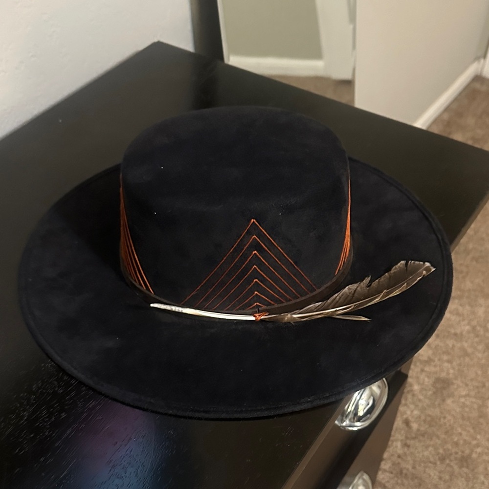 Black Hat with Orange Accents and Feather
